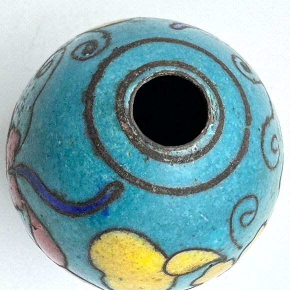 Cloisonné Floral Vtg Bead Hand-Painted Enamel Design Blue Red Yellow Green 24mm - Picture 6 of 7